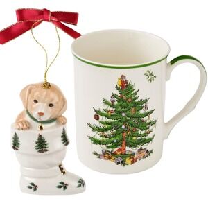 New in Box Spode Christmas Tree Ceramic Coffee Mug + Puppy In stocking Ornament